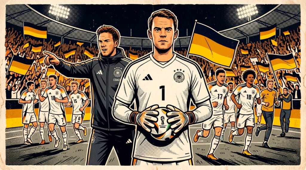 Manuel Neuer con la camiseta de la selección de Alemania, junto al entrenador Julian Nagelsmann y sus demás compañeros
